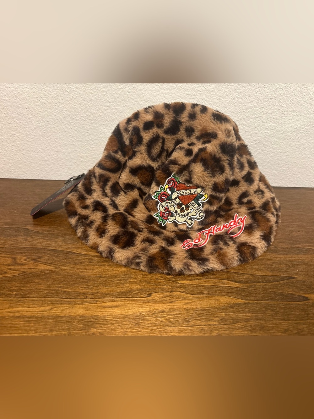 Ed Hardy Leopard Faux-Fur Bucket Hat with Embroidered Skull Patch - Brown